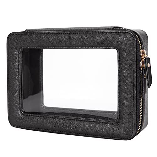 Aveniee Clear Makeup Bag Organizer, Portable Travel Toiletry Cosmetic Bag Case for Women, Heavy Duty Make Up Pouch with Transparent Vinyl Windows & Gold Zippers(Black)