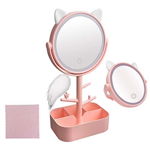 Nonebranded Vanity Mirror with Lights & Desk Mirror Lights Touch-Screen Light Control Portable High Definition Cosmetic Lighted Up Mirror with USB Port in 360 Degree Rotation(Pink)