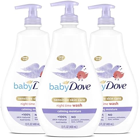 Baby Dove Calming Moisture Sensitive Skin Night Time Wash, 3 Pack Hypoallergenic and Tear-Free Bath Wash, Scented, Suitable for Newborns, 400 ml (3x 13.52 oz)