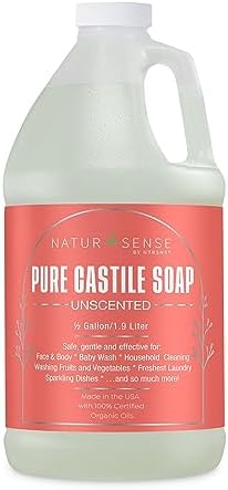 NTRSNS NaturSense Pure Castile Soap – Unscented, made with 100% Certified Organic Oils, Gentle Personal & Baby Wash, Safe & Effective Household Cleaning, 64 oz/half gallon