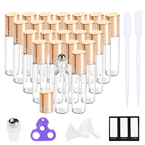 PrettyCare Essential Oil Roller Bottles 10ml (24 Pack Clear Glass Bottle with Gold Cap, 4 Extra Roller Balls,48 Labels, 2 Openers, 2 Funnels Roller Balls For Essential Oils, Roll on Bottles