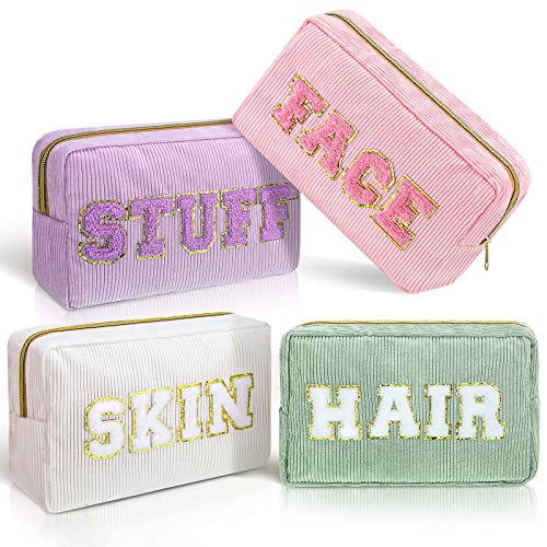 Pinkunn 4 Pcs Preppy Makeup Bags Christmas Gift Chenille Letter Patch Bag Face Skin Hair Stuff Cosmetic Bag Travel Zipper Pouch Makeup Organizer for Girls (Purple, Pink, White, Green,Classic)