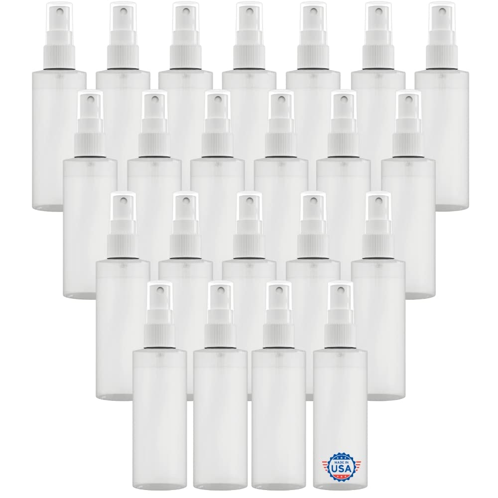 【Made In USA】Plastic Spray Bottle Fine Mist 4 Oz (120ml) – Refillable, Reusable, Portable Sprayer, Travel Size, Leak Proof for Household Use, Essential Oil, Cleaning Solution and Perfume (24 Pack)