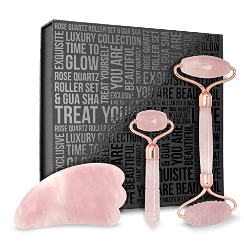 Rose Quartz Face Roller with Gua Sha and Jade Eye Roller-Face Roller Skin Care-Jade Roller for Face, Neck, Body Jade Roller Gua Sha Set Jade Face Roller