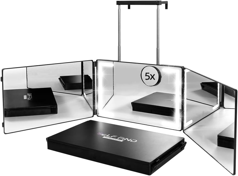 Self Find-3 Way Mirror for Self Hair Cutting with Ring Light,Rechargeable 360 Mirror for Hair Tools,Light and Height Adjustable