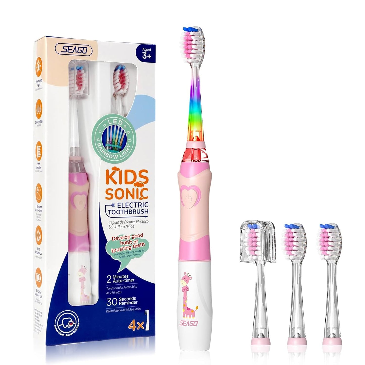SEAGO Kids Electric Toothbrushes Sonic Toothbrush, Soft Battery Powered Tooth Brush with Smart Timer,Waterproof Replaceable Deep Clean for Kids(Age of 3+)_Child Electric Toothbrush (977Pink)É