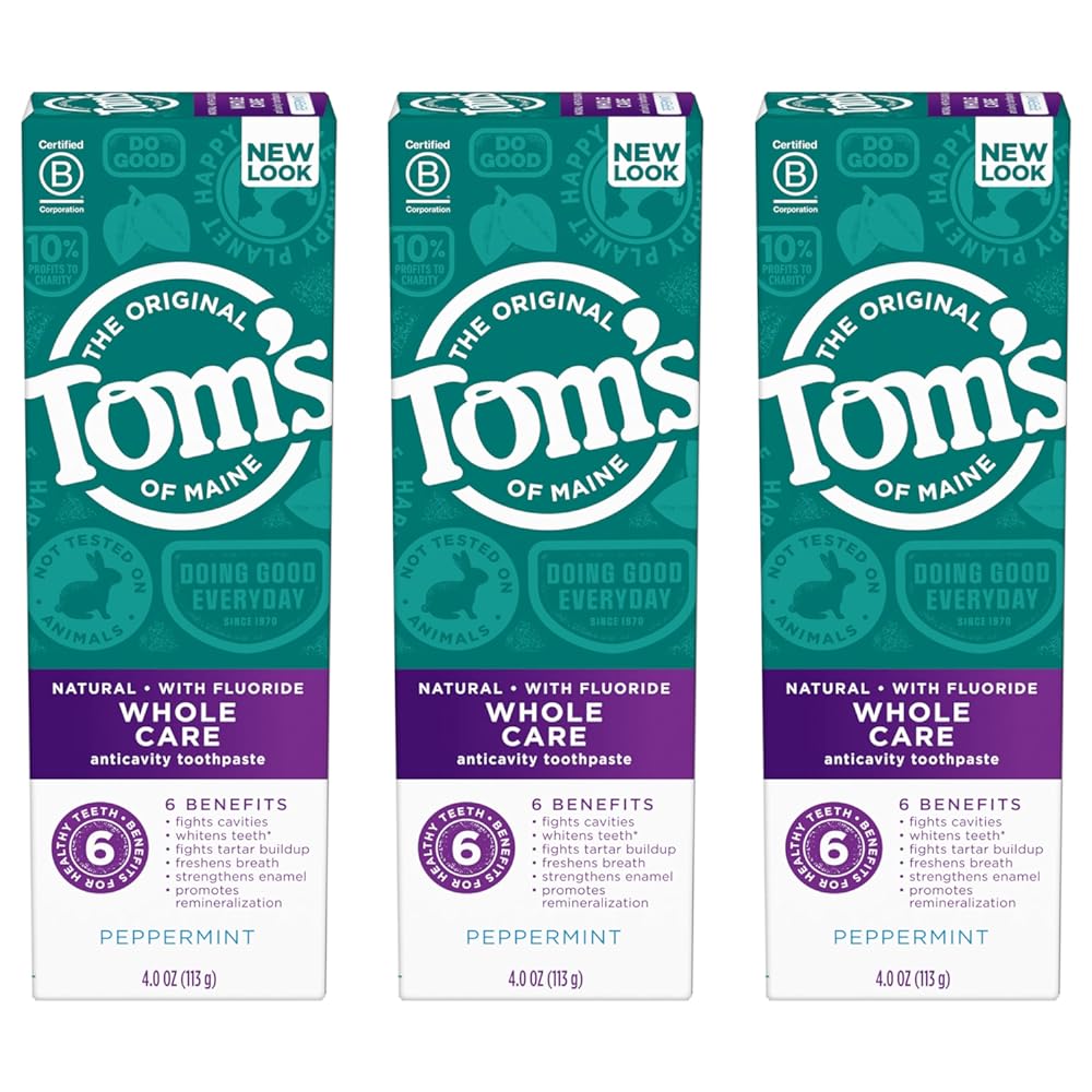 Tom's of Maine Whole Care Natural Toothpaste with Fluoride, Peppermint, 4 oz. 3-Pack (Packaging May Vary)