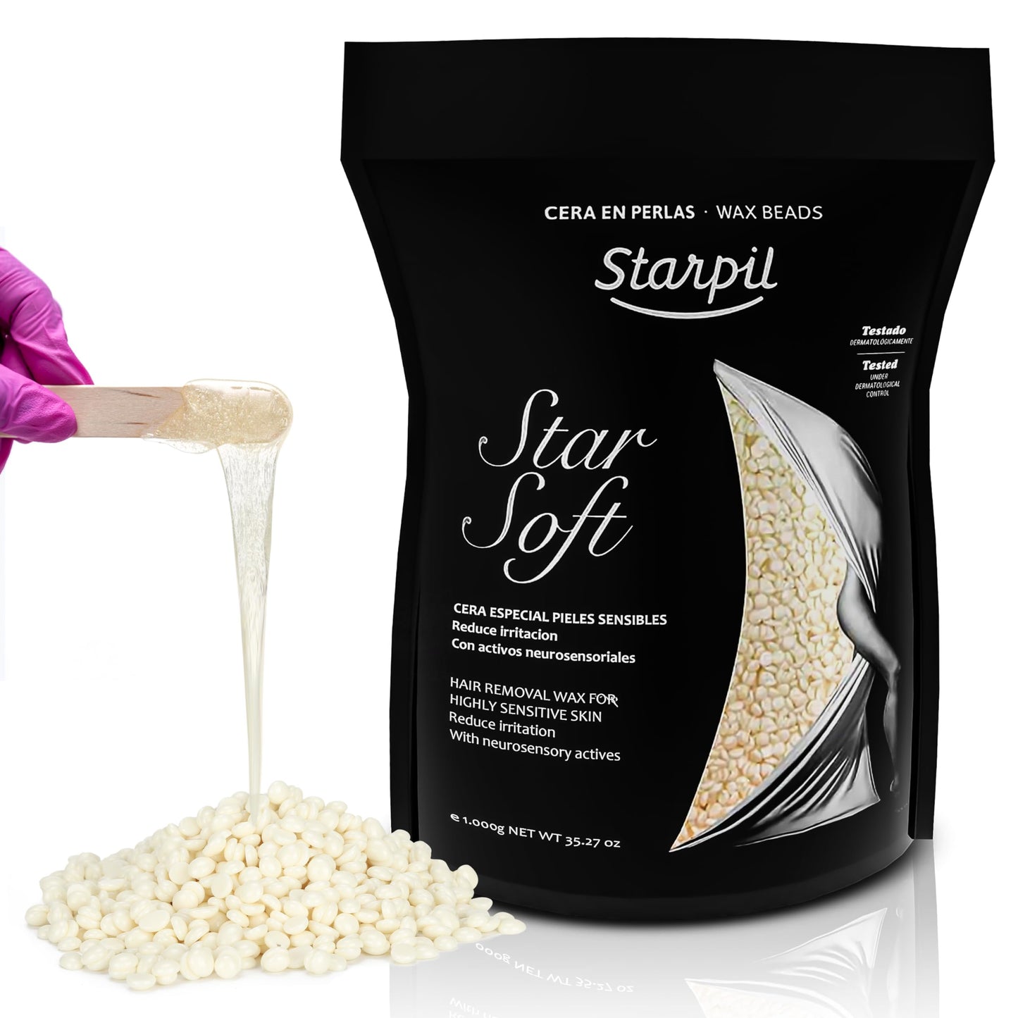 Starpil Wax 1000g - StarSoft Film Hard Wax Beads Bag 2.2lb. Professional Hair Removal Wax for Estheticians. Wax Beans for Sensitive Skin.
