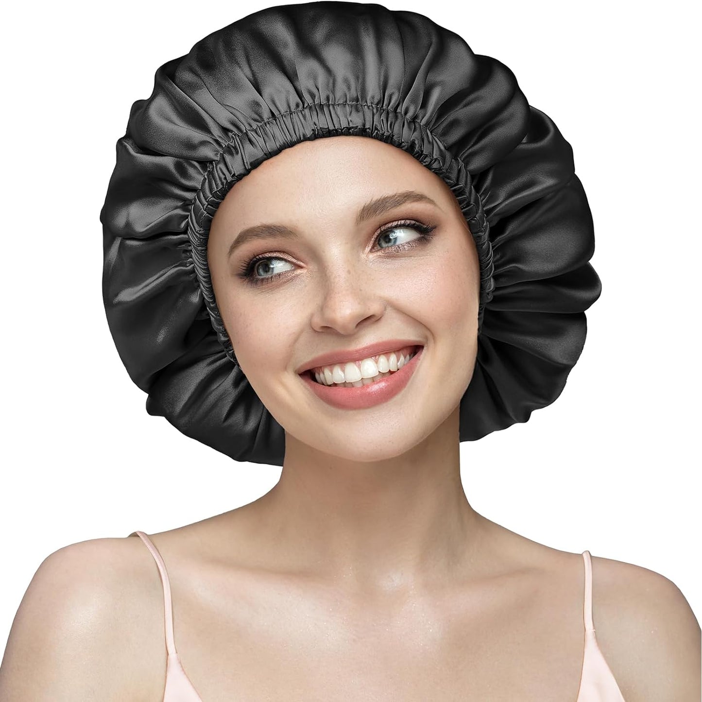 YFONG 22 Momme 100% Mulberry Silk Sleep Cap for Women, Silk Turban, Double Layer Silk Night Bonnet for Sleeping Curly Hair, Adjustable Silk Hair Wrap with Elastic Stay On Head (1Pc, Black)