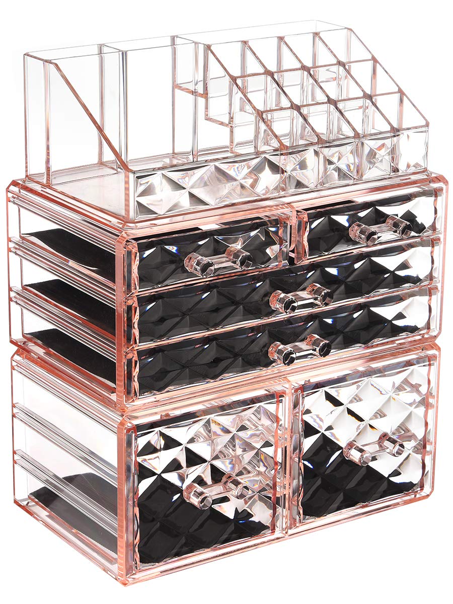 ZHIAI Makeup Organizer Acrylic Cosmetic Storage Drawers and Jewelry Display Box Transparent (Style A(Pink Diamond): 1 Top, 2 Small, 2 Large, 2 Square Drawers)