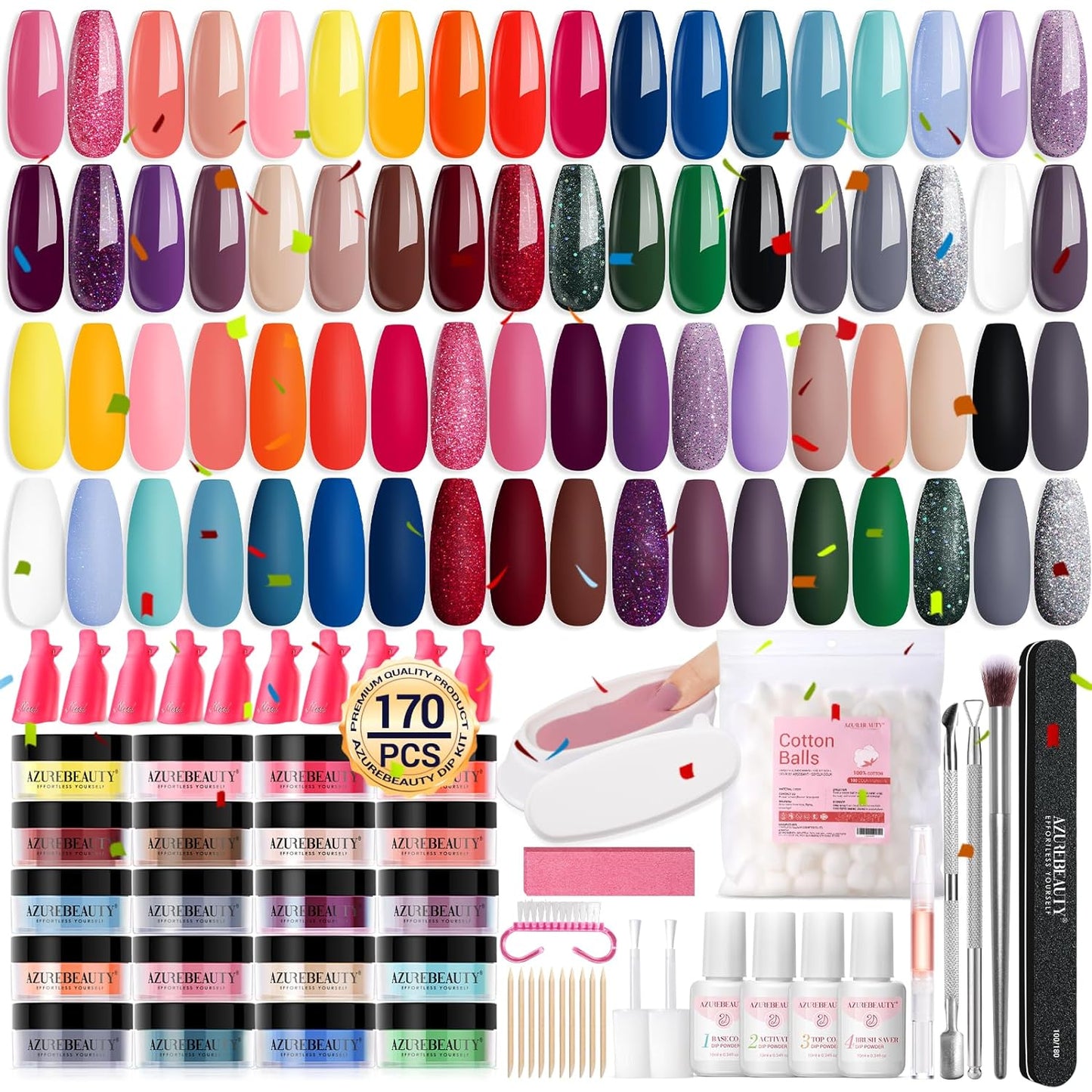 AZUREBEAUTY 170Pcs Dip Powder Nail Kit Starter 36 Colors Pink Red Purple Spring Dipping Powder with Dip Liquid Set + Nail Removal Accessories Set for Valentine's Gift
