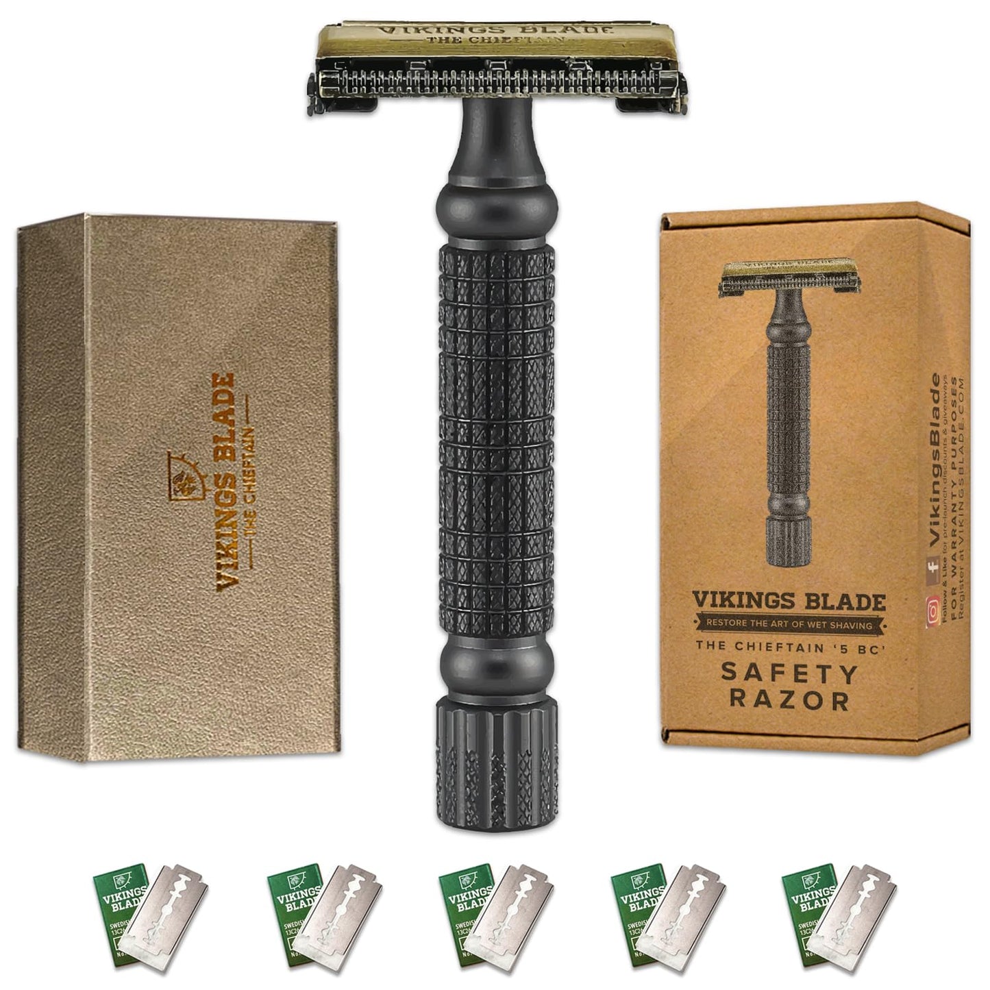 VIKINGS BLADE Double Edge Safety Razor, Quick Release Head + 5 Swedish Steel Blades + Luxury Case. Smooth, Reusable, Eco-Friendly (Chieftain “5 BC”)