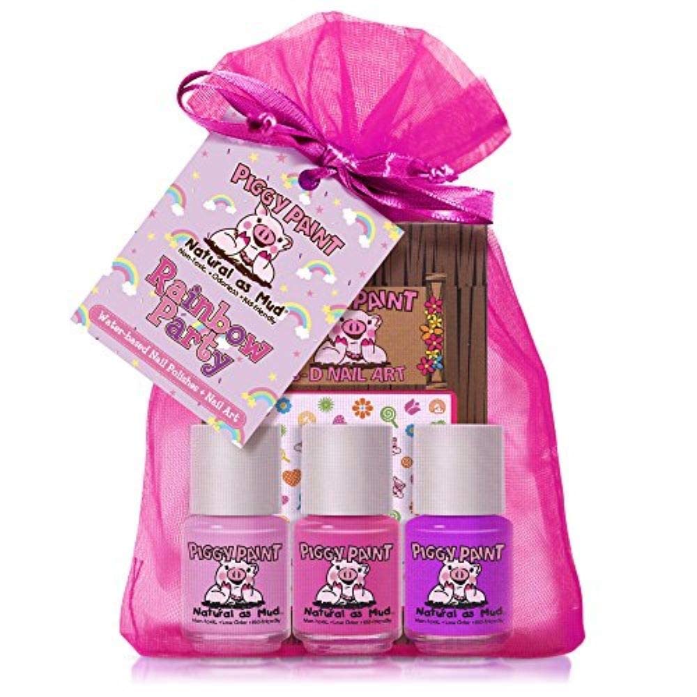 Piggy Paint | 100% Non-Toxic Girls Nail Polish | Safe, Cruelty-free, Vegan, & Low Odor for Kids | Rainbow Party (3 Polish + Nail Art Gift Set)