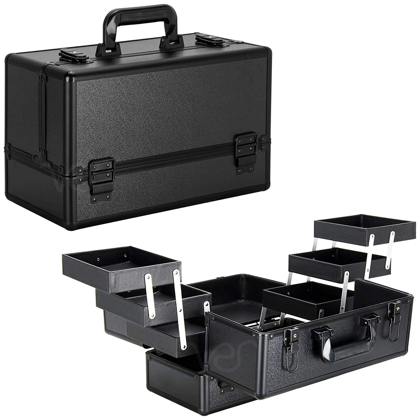 Ver Beauty Large Professional Makeup Organizer, Heavy Duty Makeup Artist Travel Case with 6 Extendable Tier Trays & 2 Brush Holders, Black Matte (VP001-22)