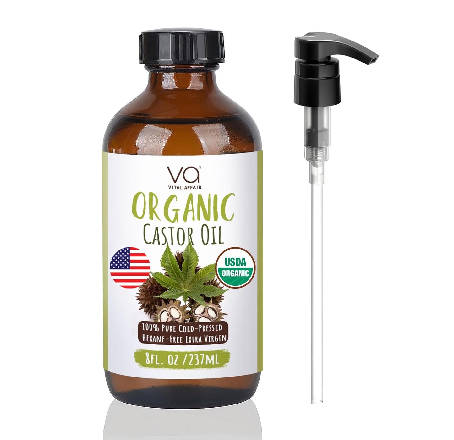 VITAL AFFAIR Castor Oil Organic Cold Pressed Unrefined Glass Bottle- USDA Certified Organic Castor Oil For Castor Oil Pack Wrap-Castor Oil For Skin, Hair Growth, Eyelashes, Eyebrows & Nails-8 Fl Oz