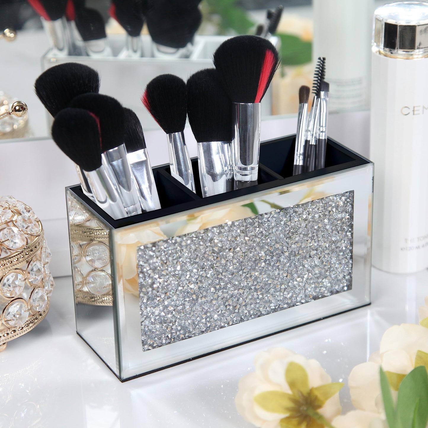 SHYFOY Mirrored Makeup Brush Holder Organizer, 3 Slot Glass Cosmetics Brushes Storage Holders with Crystal Crushed Diamond, Cute Pen and Pencil Holder for Desk, Eyeliners Display Case for Vanity