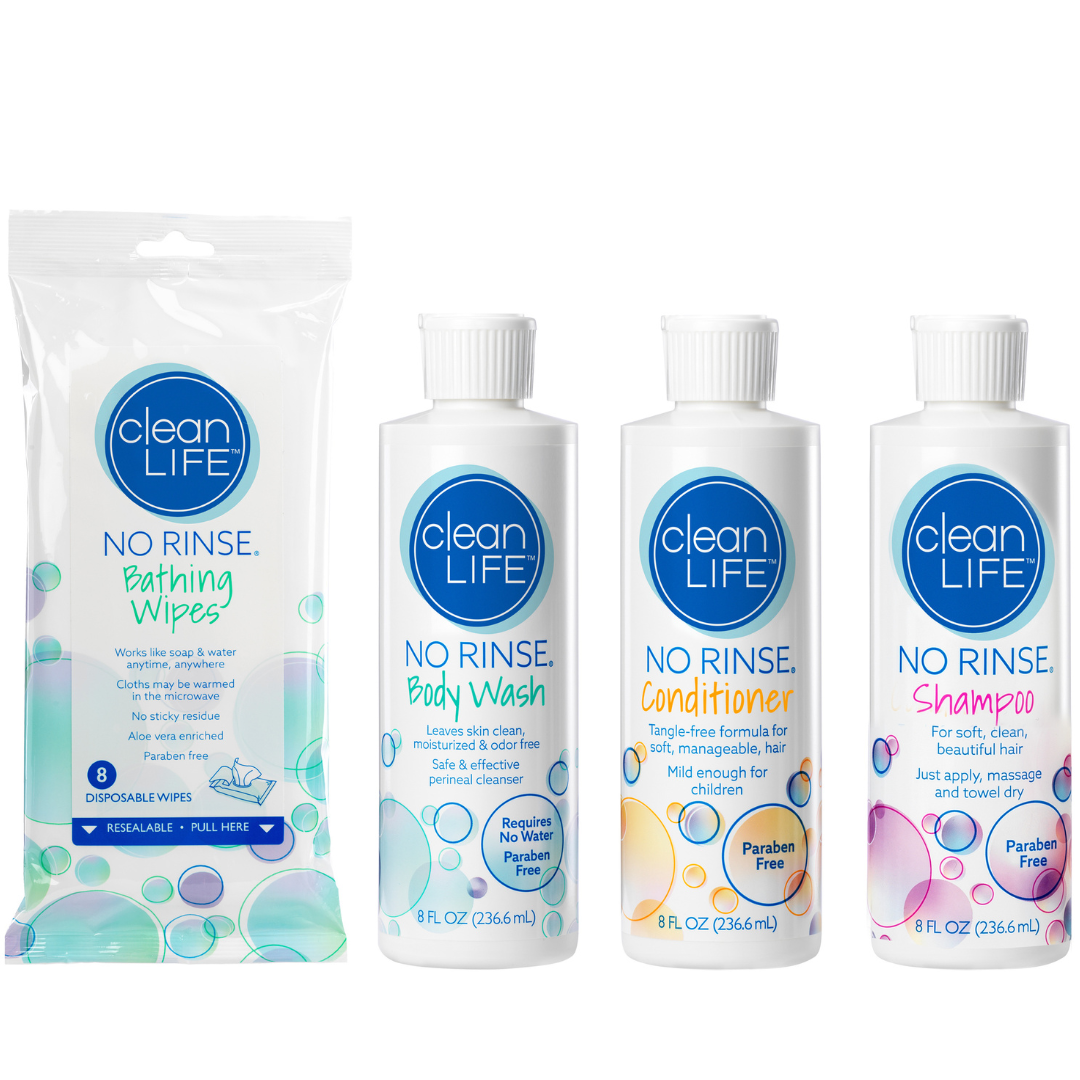 NoRinse Shampoo, Conditioner, Body Wash, and Bathing Wipes Bundle Set