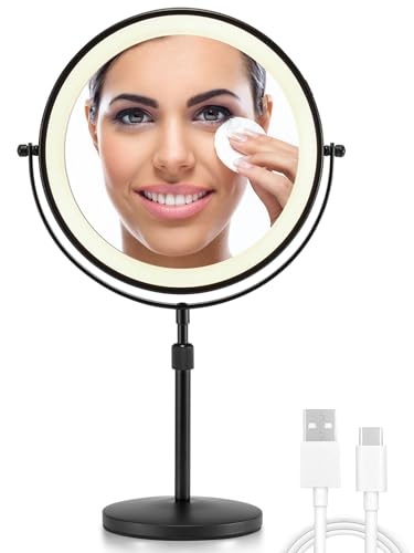 OMIRO 8.5 Inches Lighted Mirror with 3X/10X Magnifications, Double Sided Swivel Vanity Makeup Mirror with Height-Adjustable Stand (Black)