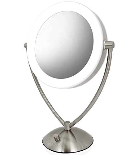 Ovente Lighted Tabletop Makeup Mirror 9.5 Inch LED Dimmable 1X 5X Magnifier 360 Adjustable Double Sided Battery USB Operated Bedroom Lamp Vanity Cosmetic Professional Large Nickel Brushed MLT45BR1X5X