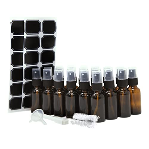 Nevlers 24 Pack Amber 1 Oz Glass Spray Bottle | The Amber Misting Glass Bottles Includes Sprayers & a Funnel and Brush with Bonus Labels to Easily Identify its Contents