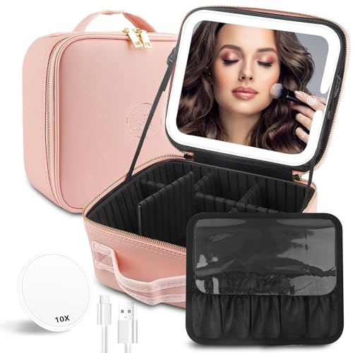 MOMIRA Makeup Train Case with Light & Mirror Large Cosmetic Organizer with Double-Sided 1X/10X Magnifying Foldable Makeup Mirror & Pink Jewelry Box, Suitsmall