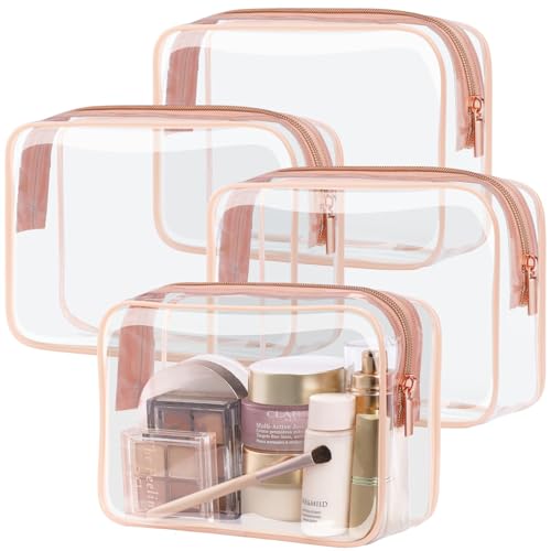 PACKISM Clear Makeup Bag - 4 Pack TSA Approved Toiletry Bag Waterproof Quart Size Travel Bag, Clear Cosmetic Bag for Women, Clear Cosmetic Bags Carry on Airport Airline Compliant Bag, Rose Pink