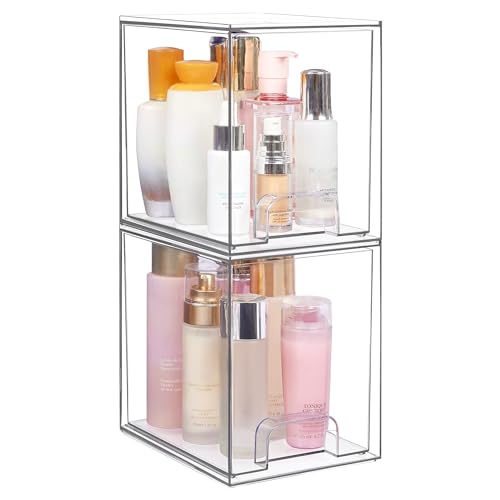 Vtopmart 7.6"H Clear Stackable Storage Drawers, 2 Pack Plastic Organizers Bins for Skincare, Cosmetics,Beauty Supplies,Ideal for Vanity, Bathroom,Kitchen Countertop,Cabinet Organization