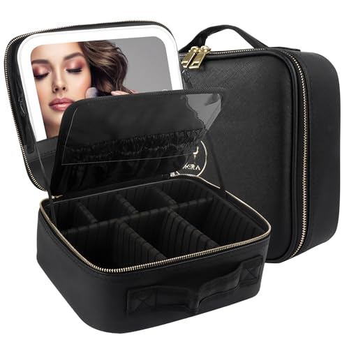 MOMIRA Makeup Train Case Makeup Bag with Light up Mirror Cosmetic Bag Organizer Detachable Portable Travel Makeup Case with Adjustable Dividers Makeup Brushes Storage,Waterproof,Black
