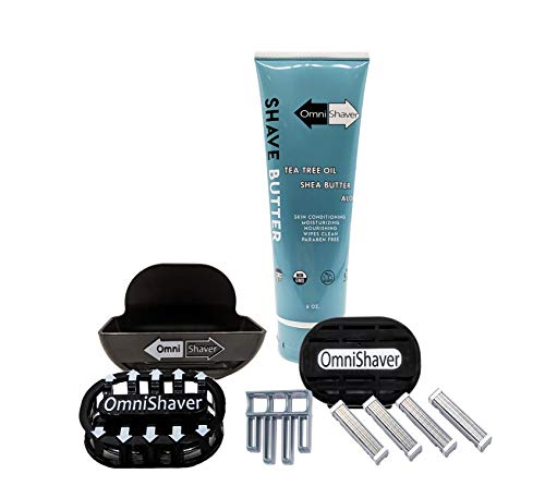 Premium Omnishaver Kit - Fastest Way to Shave Head, Legs, Arms, Body | An alternative to Disposable Shaving Razors Self Cleans & Strops During Use with Shave Butter & Replacement Cartridge Black