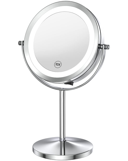 Benbilry Lighted Makeup Mirror with Magnification, 1X/10X Magnifying Makeup Mirror, LED Vanity Mirror with Lights, Battery Operated, 7 Inch Swivel Portable Cordless Desk Mirror, Best Gift