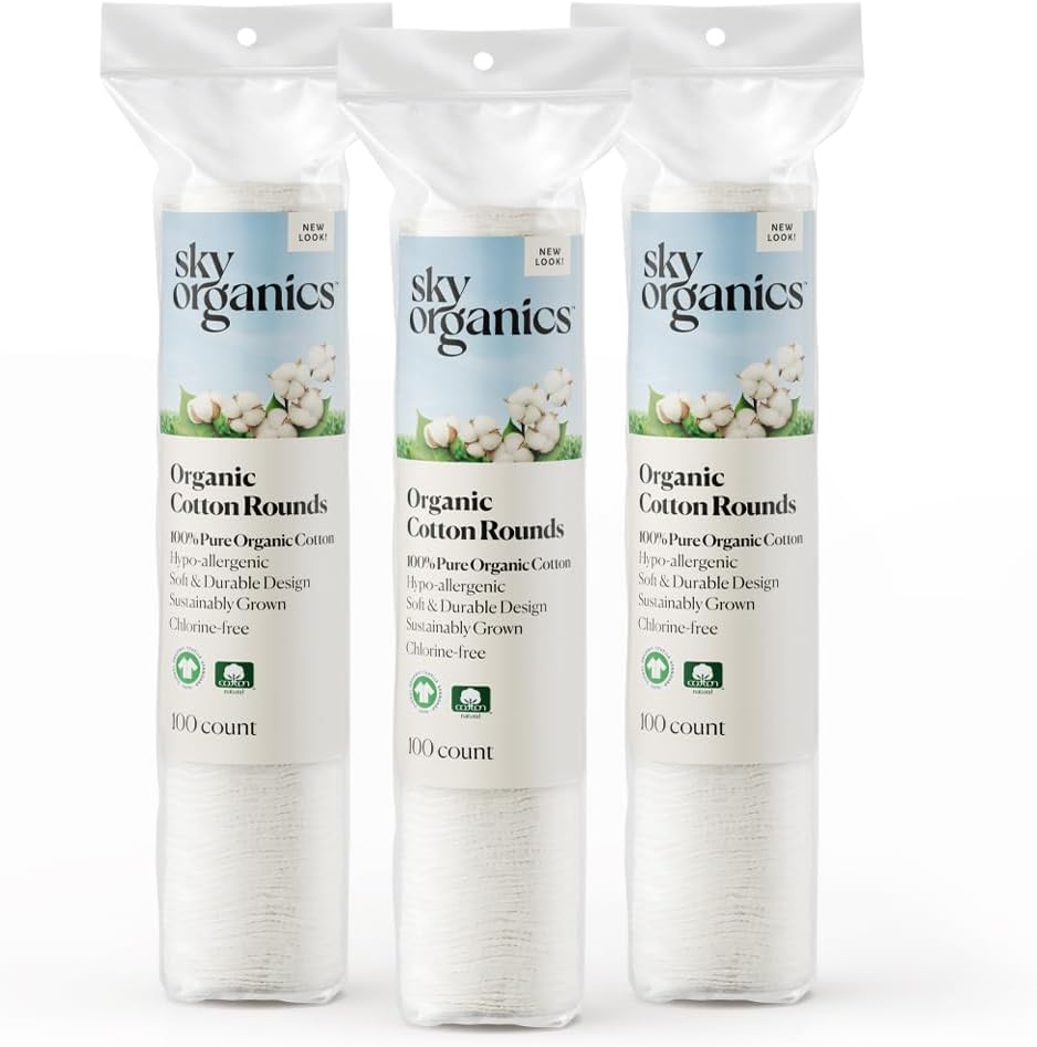 Sky Organics Organic Cotton Rounds for Sensitive Skin, 100% Pure GOTS Certified Organic for Beauty & Personal Care, 300 ct.