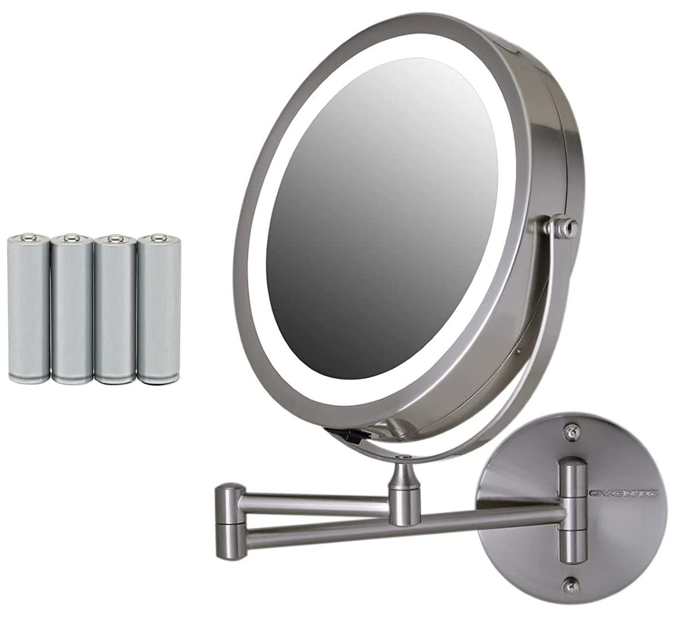 Ovente 8.6" Lighted Wall Mount Makeup Mirror, 1X & 10X Magnifier, Adjustable Double Sided Round LED, Extend, Retractable & Folding Arm, Compact & Cordless, Battery Powered Nickel Brushed MFW85BR1X10X