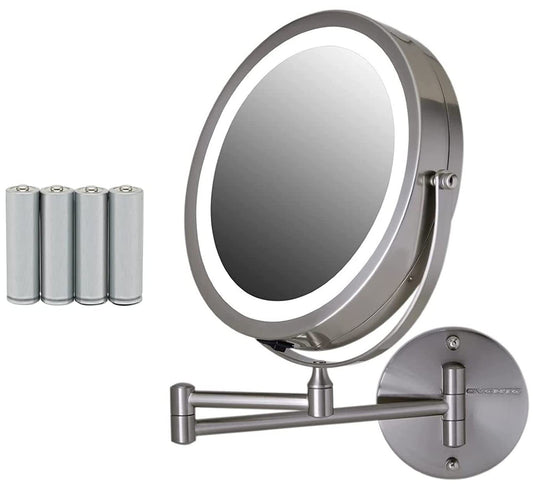 Ovente 8.6" Lighted Wall Mount Makeup Mirror, 1X & 10X Magnifier, Adjustable Double Sided Round LED, Extend, Retractable & Folding Arm, Compact & Cordless, Battery Powered Nickel Brushed MFW85BR1X10X