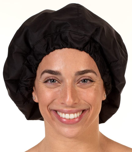Premium Shower Cap for Women with Long Hair. Reusable, 100% Waterproof, Double-Sided, Great For Curls with Anti-Frizz Fabric terry-lined. Black shower caps for women