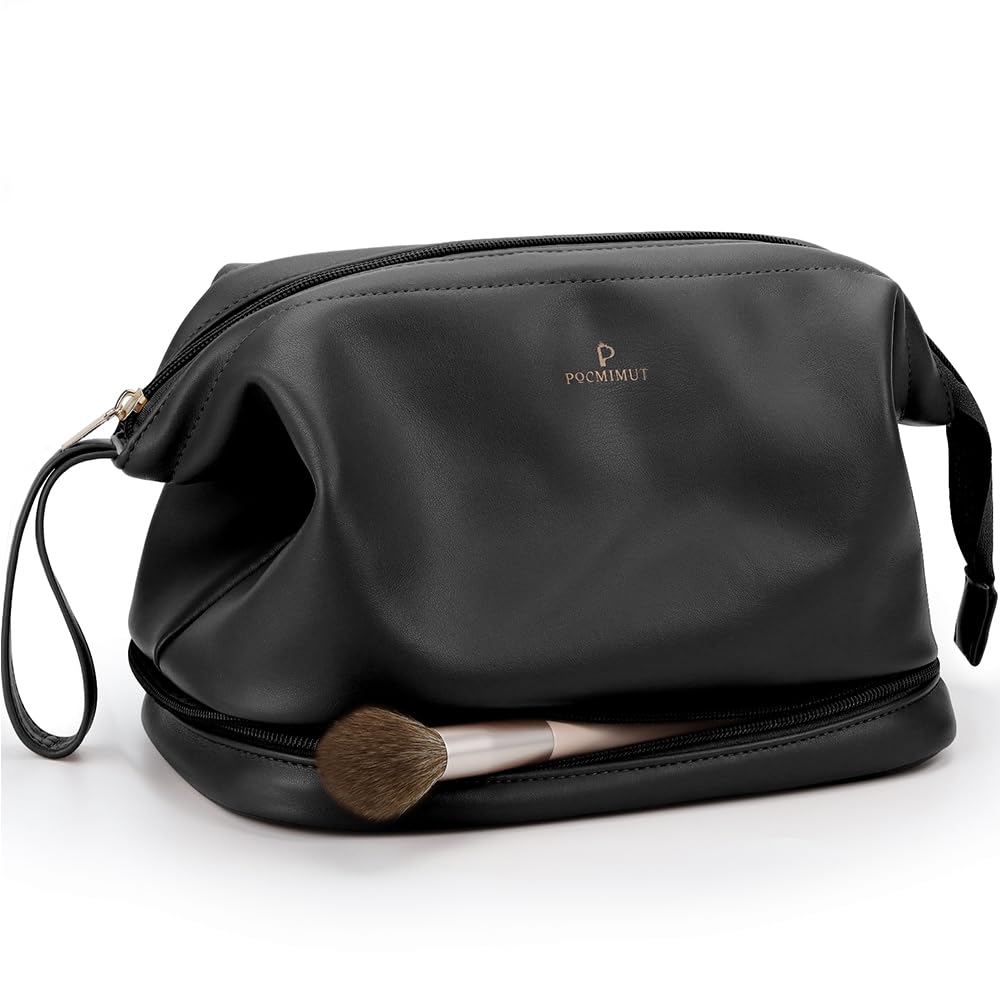 Pocmimut Leather Cosmetic Bag for Women 2-in-1 Portable Drawstring Travel Makeup Bag with Mirror Large Double Layer Make Up Brush Bags(Elegant Black)