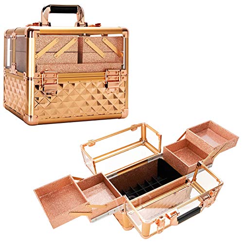 Ver Beauty Professional Makeup Case, Heavy Duty Acrylic Travel makeup organizer with 4 Extendable Trays, Rose Gold Diamond (VP017-85)