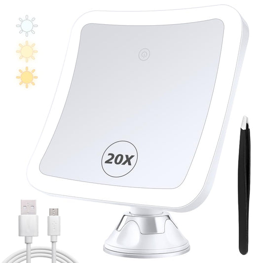 MIYADIVA 20X Magnifying Mirror with Light, Lighted Makeup Mirror with Magnification,360 Rotation Vanity Mirror, Magnifying Mirror Suction Cup, Rechargeable and 3 Color Lights