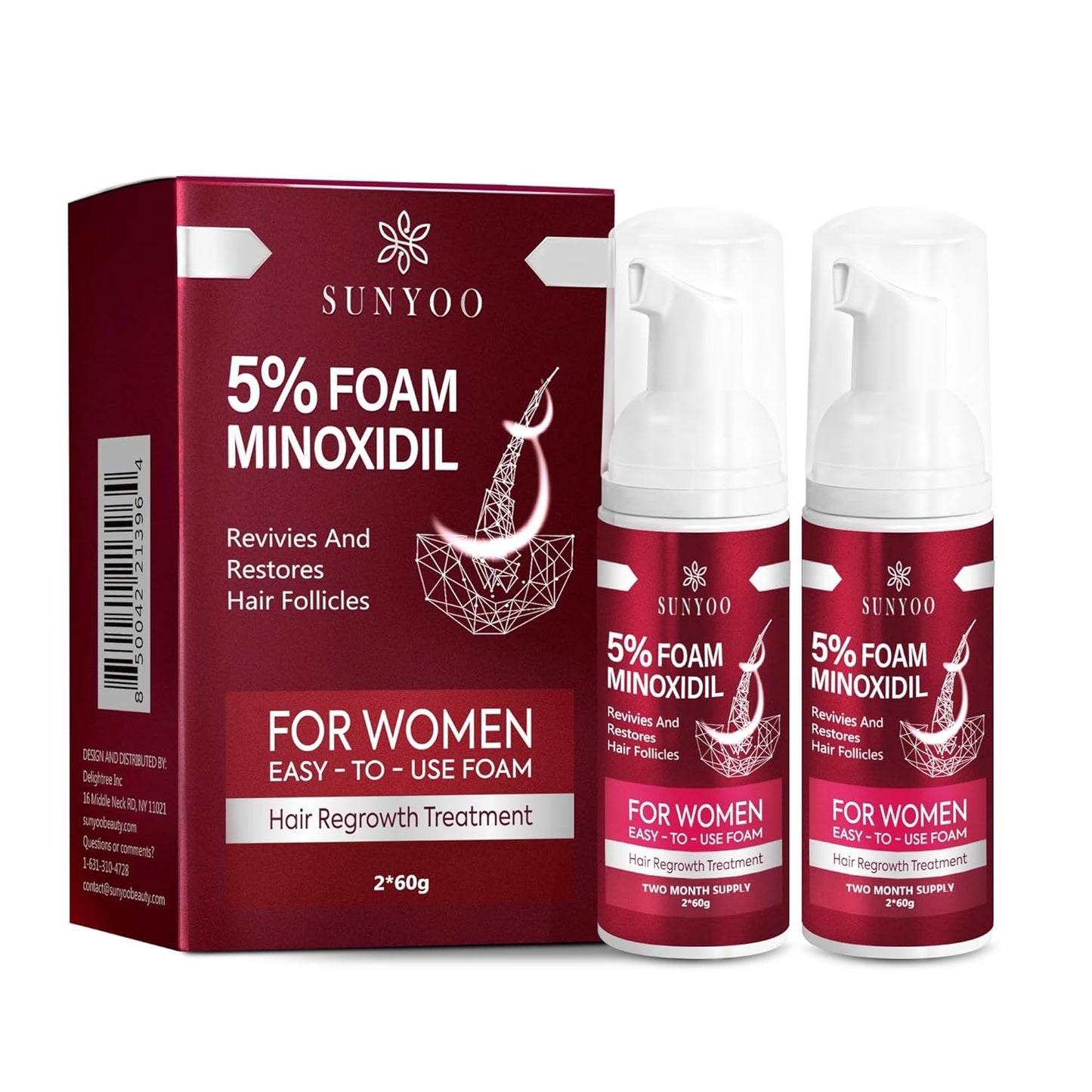 5% Minoxidil Foam for Women: Hair Loss Treatment for Hair Thinning to Get Thicker Fuller Hair, 2 pack of 60ml