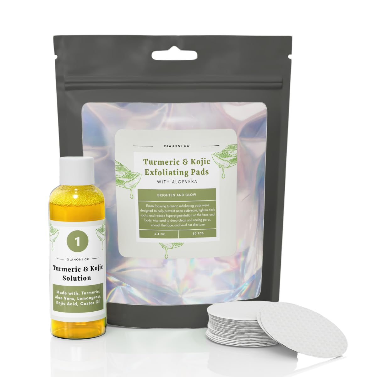 Olahoni Turmeric & Kojic Infused Exfoliating & Cleansing Pads for Discoloration, Dark Spots, Acne Scars, Uneven Skin. Deep Clean & Unclog Pores, Brighten, Glow & Smooth Skin (Pack of 30)