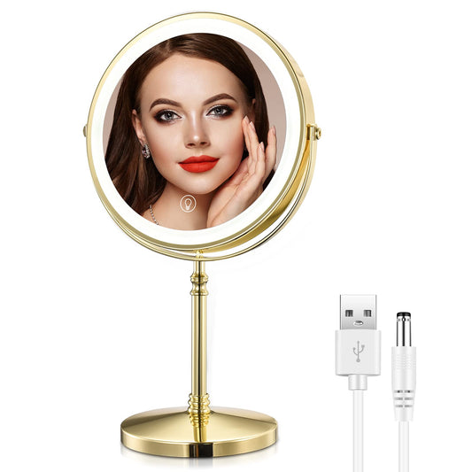 AMZTOLIFE Gold Makup Mirror with Lights, 10X Magnifying Lighted Vanity Mirror, 8 Inches 360 Swivel Two-Sided Tabletop Mirror Gold Finish