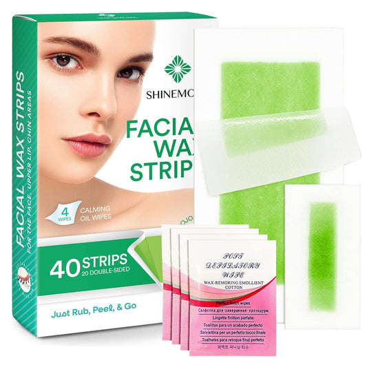 ShineMore Facial Wax Strips, Wax Strips for Hair Removal: Gentle and Fast Working for Face, Eyebrow, Upper Lip, and Chin - Hypoallergenic for All Skin Types(40 Waxing Strips + 4 Calming Oil Wipes)