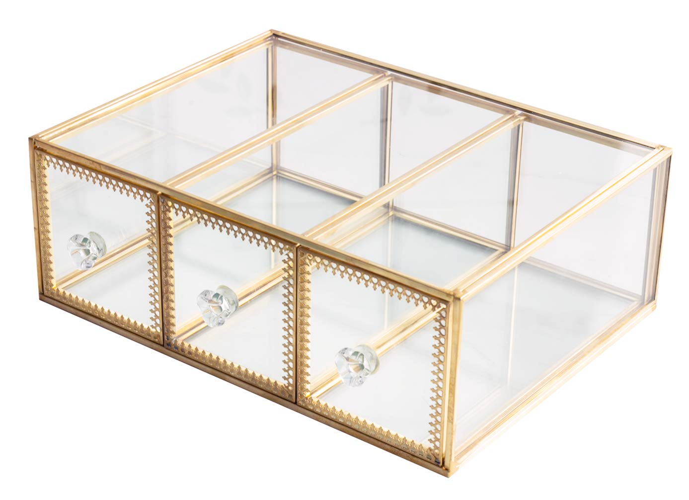 Antique Beauty Display Jewelry Case Holder Clear Glass 3 Drawers Palette Organizer, Cosmetic Storage, Makeup Container 3 Cube Holder/Beauty Dresser Vanity Cabinet Decorative Keepsake Box