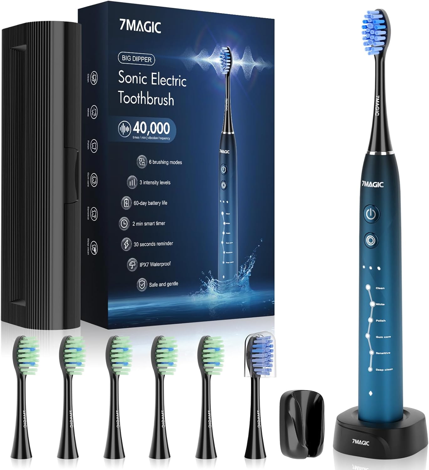 Sonic Electric Toothbrush for Adults, Rechargeable Toothbrush with 6 Mode & 3 Intensity, 40000VPM Toothbrush with 6 Brush Heads, Travel Case, 60 Days Battery Life, Wireless Charging, 2-Min Smart Timer