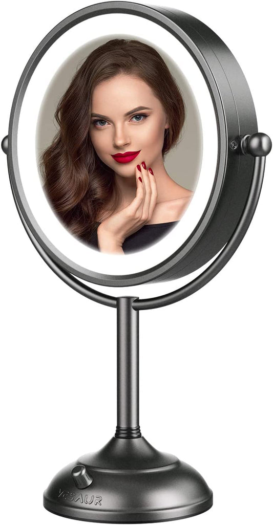 VESAUR Professional 8.5" Lighted Makeup Mirror, 1X/10X Double Sided HD Undistorted Magnifying Mirror with 3 Color 48 LED Lights, Adjustable Brightness, 360° Rotation Vanity Mirror, Unique Black Nickel