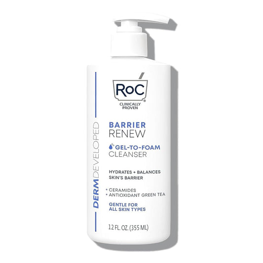 RoC Barrier Renew Gel to Foam Non Drying Cleanser with Ceramides + Antioxidant Green Tea + Glycerin to Hydrate & Balance Skin, 12 Ounces