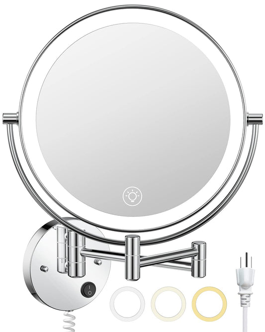 Benbilry 9" Lighted Wall Mounted Makeup Mirror with Magnification 10X, 3 Color Lights & Adjustable Brightness, 360° Swivel Large Size LED Vanity Mirror, 10X Magnifying Bathroom Mirror
