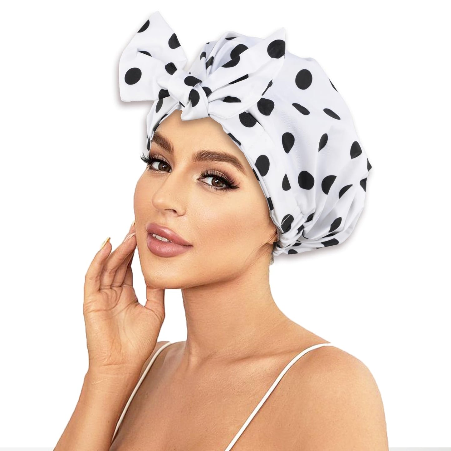 Shower Cap Luxury Shower Caps for Women Reusable Waterproof Hair Cap for Shower with Adjustable Bowknot Hair Bath Cap (White)