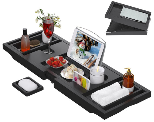 Artmalle Bathtub Caddy Tray - Expandable and Foldable Bath Tray for Tub, Luxury Bamboo Bath Caddy Tub Table, Bathtub Accessories with Book Holder and Free Soap Dish, Black