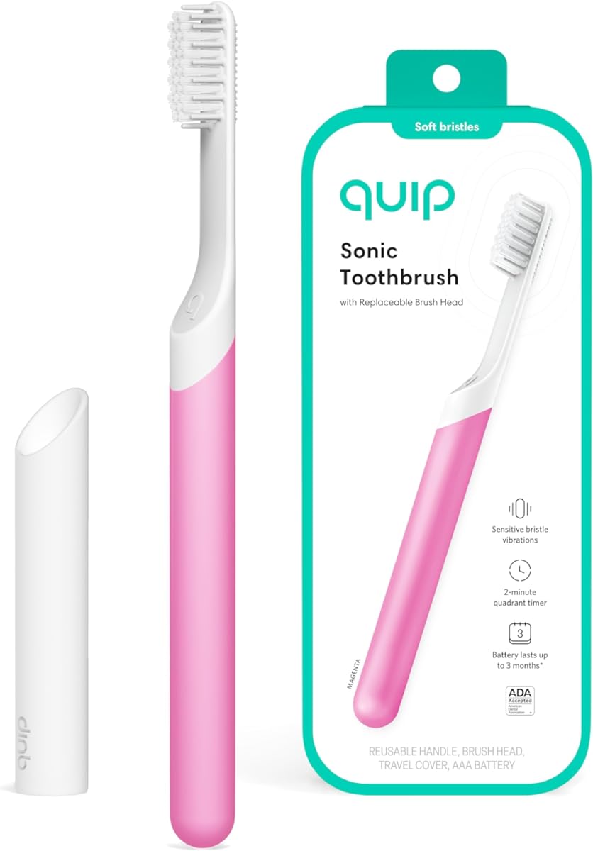 Quip Adult Electric Toothbrush - Sonic Toothbrush with Travel Cover & Mirror Mount, Soft Bristles, Timer, and Plastic Handle - Magenta