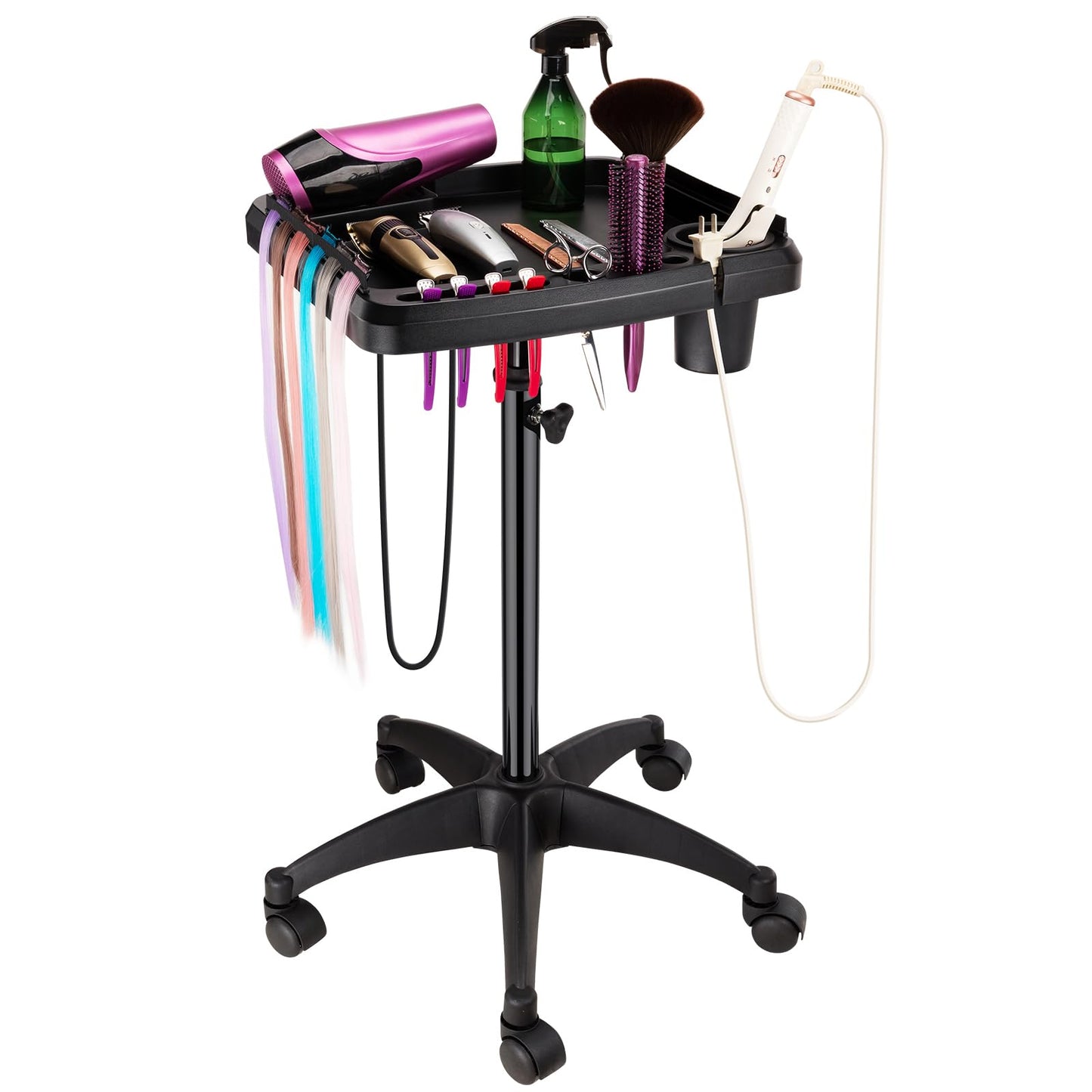 Noverlife Salon Tray on Wheels with Heat Resistant Cup, Adjustable Height Salon Rolling Tray for Hairstylist with Tools Storage Platform, Hair Extension Trolley Cart for Hair Salon Tattoo Studio
